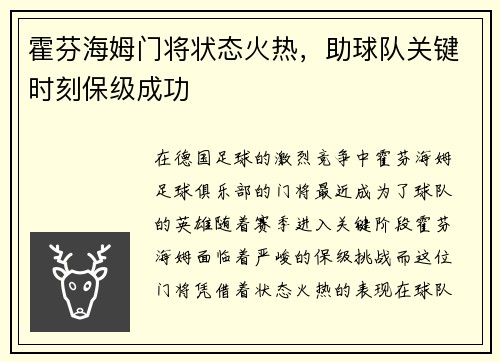 霍芬海姆门将状态火热，助球队关键时刻保级成功